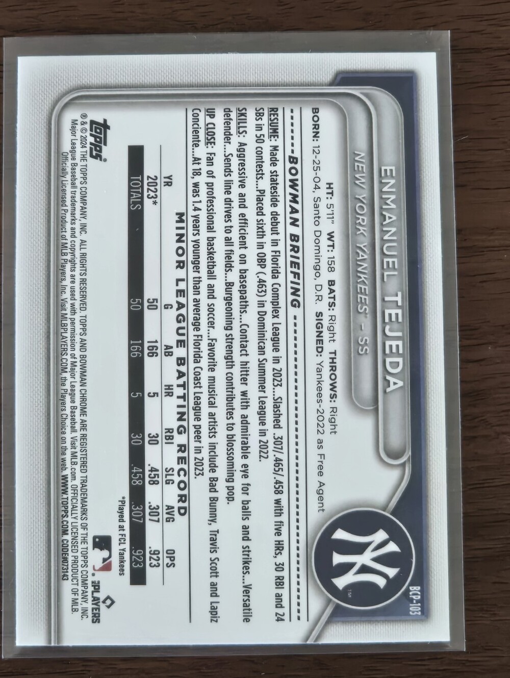 2024 Bowman Chrome Emmanuel Tejeda 1st Bowman #BCP-103 - New York Yankees - Picture 2 of 2